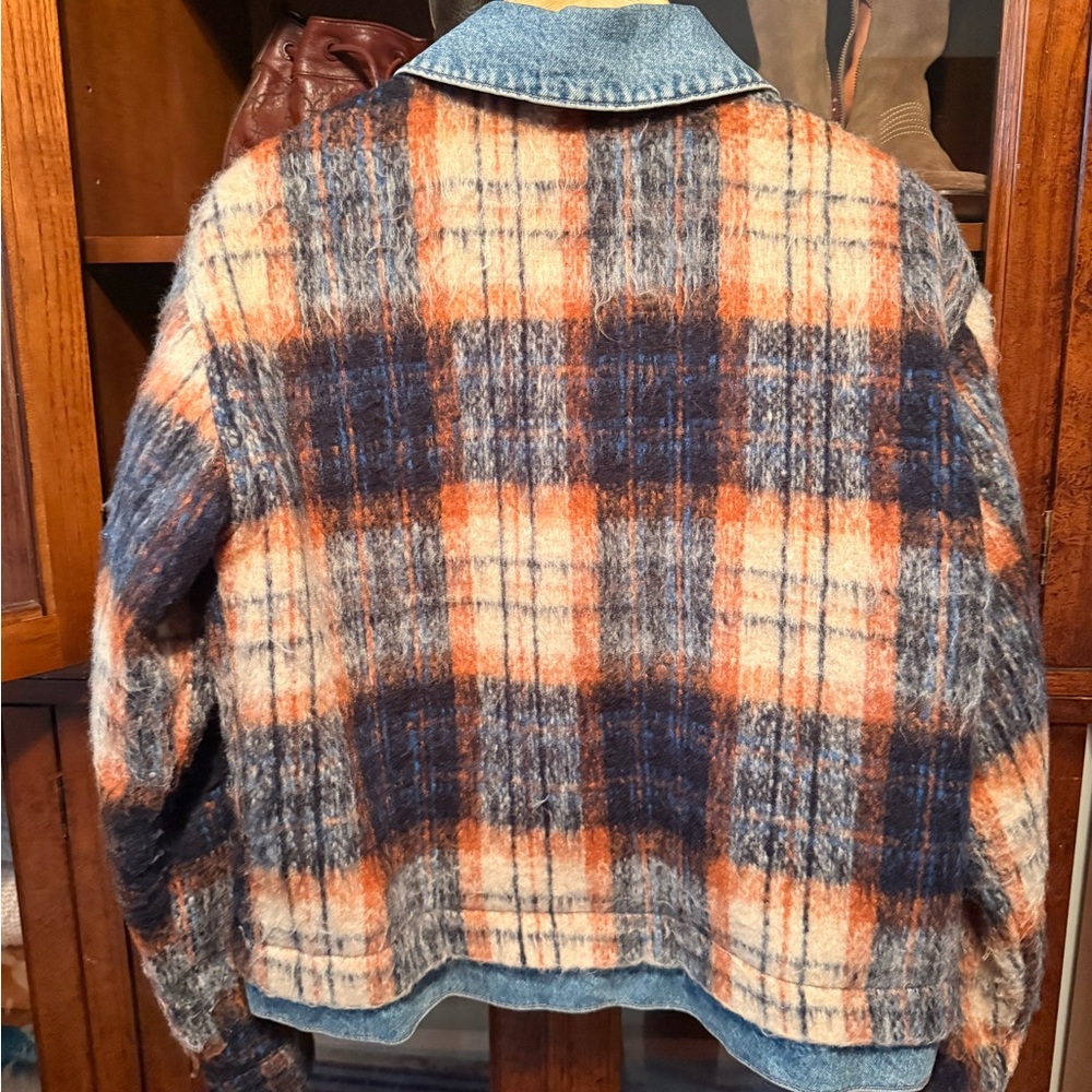 Pilcro Plaid Wool-Blend Shirt Jacket in Rust and Navy with Denim Trim - Picture 4 of 4